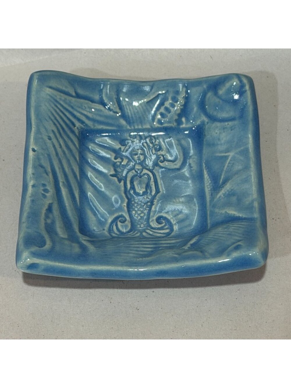 Lorraine Oerth Co. Studio Pottery Handmade Mermaid Trinket Dish Blue Ocean 3"x3"